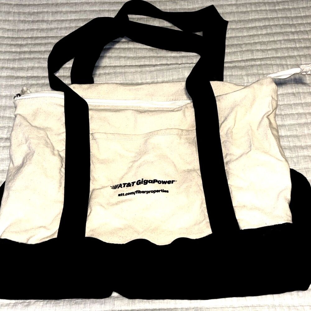 AT&T GigaPower Cream and Black Canvas Tote Bag With Zippered Shoe Storage